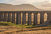 View to Ingleborough and the arches of Ribblehead Viaduct on the Settle to Carlisle railway line, Yorkshire Dales, North Yorkshire, England, United Kingdom, Europe