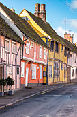 Colourful half timbered houses on Water Street part of the Historic Wool Village of Lavenham, Suffolk, England, United Kingdom, Europe