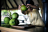 Barkeeper mixt einen Martini (Praow-Tini) in einem Kokosnuss-Shaker