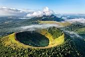 France, Puy de Dome, area listed as World Heritage by UNESCO, the Regional Natural Park of the Volcanoes of Auvergne, Chaine des Puys, Orcines, the crater of Puy Pariou volcano (aerial view)