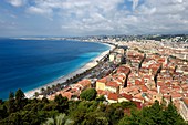 France, Alpes Maritimes, Nice, the Baie des Anges, the Old Town and the Promenade des Anglais on the seafront