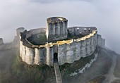France, Eure, Les Andelys, Chateau Gaillard, 12th century fortress built by Richard Coeur de Lion, new look after several years of renovation, Seine valley (aerial view)