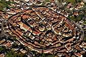 France, Haut Rhin, Alsace Wine Route, Eguisheim, labelled Les Plus Beaux Villages de France (The Most Beautiful Villages of France) (aerial view)