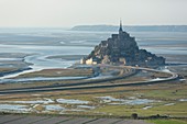 France, Manche, Mont Saint Michel bay, listed as World Heritage by UNESCO, Mont Saint Michel at high tide (aerial view)