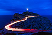 Car light trails, Cap Formentor lighthouse, Majorca, Balearic Islands, Spain, Mediterranean, Europe