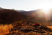 Sunrise on a tent, Tsaranoro Valley, Ambalavao, central area, Madagascar,  Africa
