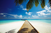 Wooden jetty out to tropical sea, Maldives, Indian Ocean, Asia 
