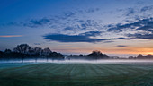 Morgendämmerung über der nebligen Landschaft am Delamere Forest Golf Club, Cheshire, England, Großbritannien, Europa