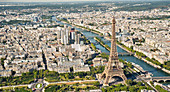 Aerial view of the Eiffel Tower with the river Seine, Paris, France, Europe