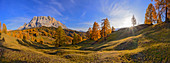 The Armentara meadows under the Kreuzkofel in the South Tyrolean Dolomites, UNESCO World Natural Heritage, Gadertal, Italy