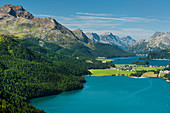 View of the Upper Engadine, Lake Silvaplana, Engadin, Graubünden, Switzerland