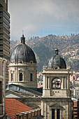 Church tower in old town of La Paz, Bolivia, Andes, South America