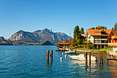View from Gunten over Lake Thun to Spiez and the Stockhorn, Bernese Oberland, Canton of Bern, Switzerland