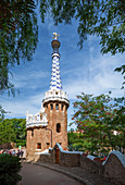 Tower of the Pfoertnerhaus in Park Guell in Barcelona