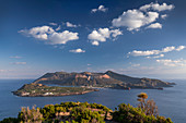 Coast of Lipari with a view of Vulcano volcanic island at day, Sicily Italy