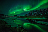 Aurora borealis (Nordlichter) spiegelt sich in teilweise gefrorenem See, Nord-Snaefellsnes, Island, Polarregionen