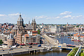 High angle view of central Amsterdam with St. Nicholas Church and tower, Amsterdam, North Holland, The Netherlands, Europe