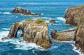 Enys Dodnan and the Armed Knight rock formations at Lands End, Cornwall, England, United Kingdom, Europe