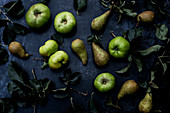 High angle close up of green pears and Bramley apples on black background.