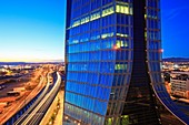 France, Bouches du Rhone, Marseille, Euromediterranee area, Grand Port Maritime Arenc district, the coastal highway (A55) and CMA CGM Tower, architect Zaha Hadid