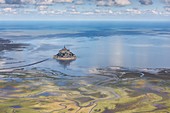 France, Manche, Le Mont Saint Michel, listed as World Heritage by UNESCO, the mount at high tide (aerial view)