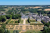 France, Sarthe, Le Grand Luce, the castle ans its gardens (aerial view)