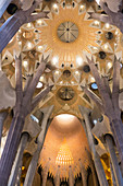 Decke des zentralen Schiffes mit Perforierten Schlüsselsteinen, Basilica la Sagrada Familia, Sühnentempel, Barcelona, Katalonien, Spanien