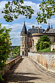 Turm aus dem 16. Jahrhundert und Gebäude aus dem 14. Jahrhundert, mittelalterlicher Spazierweg um die alte Burg, Stadt Dreux, Eure-Et-Loir, Frankreich