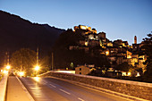 Bridge over Dei Restonica, in the background the Citadel, Corte &quot;the secret capital of Corsica&quot;, Corsica, France.