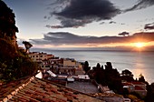 Sunrise, view from Taormina to the east with sea, east coast, Sicily, Italy