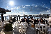 Terrace, restaurant, cafe, harbor in Marzamemi on the Gulf of Noto, southern Sicily, Italy