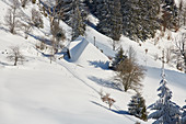 Blick vom Schauinsland auf Hof in Hofsgrund, Wintertag, Schnee, Schwarzwald, Baden-Württemberg, Deutschland