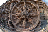 Aus Stein gemeißeltes Wagenrad, Sonnentempel von Konark, Odisha, Indien