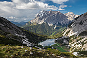 Seebensee panorama in spring with Zugspitze, Vorderes Tajakopf, clouds in the sky, Ehrwald Austria