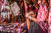 Meat shop in the Mercat de la Boqueria in Barcelona, Spain