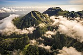 France, Guadeloupe (French West Indies), Basse Terre, Saint Claude, the clear top of La Soufriere, nicknamed the vie madanm in Guadeloupean Creole or the old lady in French, is an active volcano located in the national park (aerail view)
