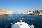 France, Bouches du Rhone, Marseille, entrance to the Old Port, Rene King of the tower of Fort St. John (17th) Historic Monument