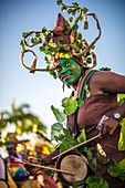 France, Guadeloupe, Grande Terre, Pointe a Pitre, portrait of a musician of traditionnal gwoup a po Restan La band from Le Gosier, during the closing parade of Shrovetide