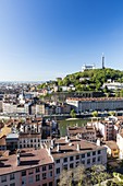 France, Rhone, Lyon, historical site listed as World Heritage by UNESCO, the Croix Rousse district, the Saint Paul district and Saint-Paul church at the edge of the Saone in the Vieux Lyon (Old Town) overlooked by Notre Dame de Fourviere basilica