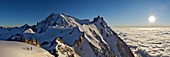 France, Haute-Savoie, Chamonix, Mont-Blanc (4810m) and the aiguille du Midi (3848m) at sunset, Mont-Blanc range