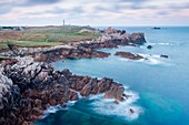 France, Finistère, The island of Ouessant, dawn on the north coast and Créac'h the lighthouse in the background