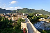 France, Lozere, Gevaudan, Lot Valley, Mende, Pont Notre Dame, Medieval bridge of the 12th century on the Lot river and St Privat cathedral