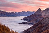 Frankreich, Alpes de Haute-Provence, Nationalpark Mercantour, Frühnebel über dem Tal von Barcelonnette, rechts der Gipfel des Pain de Sucre (2560 m)