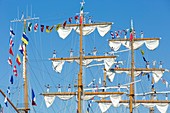 France, Finistere, Brest, Fetes maritimes internationales de Brest 2016 (International maritime feast Brest 2016), large gathering of sailing and yachting and of sailors and seafarers, the mexican three master Cuauthemoc leaving Brest with its seafarers in the topsails