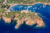 France, Corse du Sud, Deux Sevi, Gulf of Girolata, Osani, Girolata and its fort (aerial view)