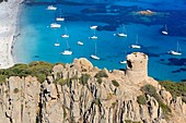 France, Corse du Sud, Sartenais, Sartene, Tour, beach and Cap de Roccapina (aerial view)