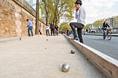 France, Paris, area listed as World Heritage by UNESCO, the Rives de Seine park, new railway lanes inaugurated on 02/04/2017, petanque party
