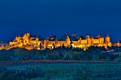 France, Aude, Carcassonne, Medieval city of Carcassonne, lighting of the famous city