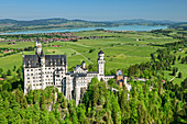 Schloss Neuschwanstein mit Forggensee im Hintergrund, Schwangau, Allgäu, Schwaben, Bayern, Deutschland