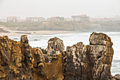 Rock formations &quot;Papoa&quot; on Peniche peninsula in light fog, Peniche, Portugal